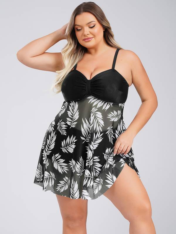 Women 2pcs Plus Size Swimsuit Tropical Print Swim Dress with Shorts Swimming Set thumb