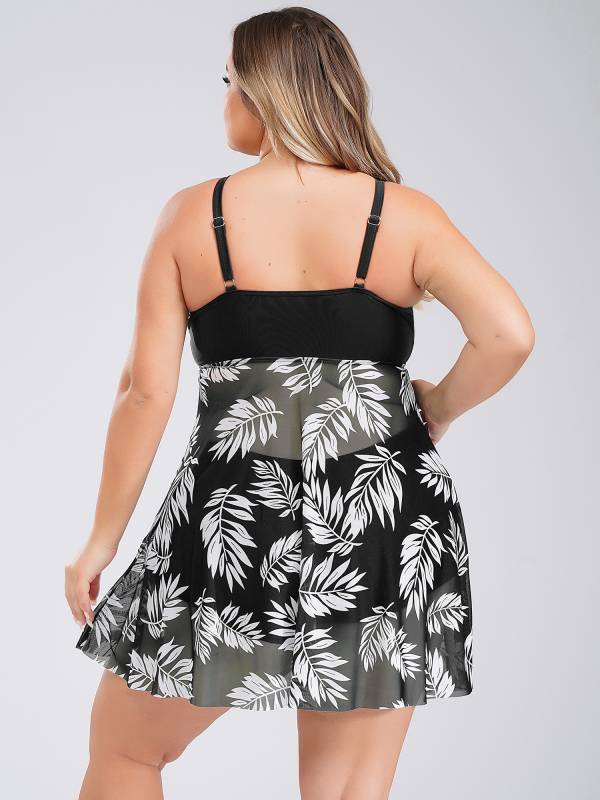 Women 2pcs Plus Size Swimsuit Tropical Print Swim Dress with Shorts Swimming Set thumb
