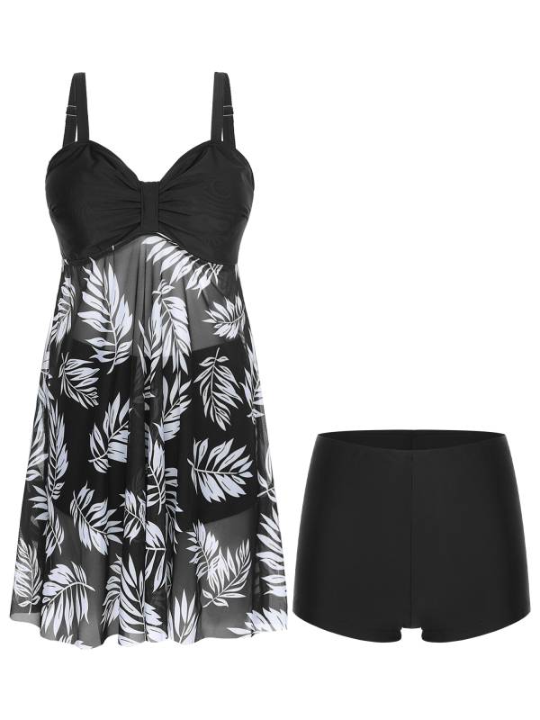 Women 2pcs Plus Size Swimsuit Tropical Print Swim Dress with Shorts Swimming Set thumb