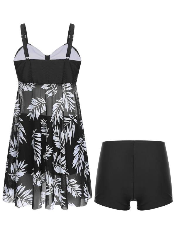 Women 2pcs Plus Size Swimsuit Tropical Print Swim Dress with Shorts Swimming Set thumb