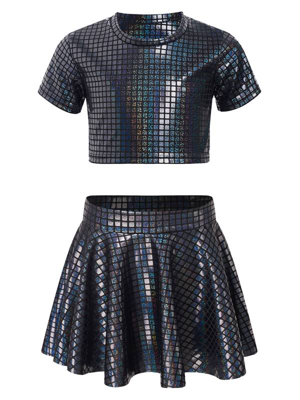 Kids Girls Metallic Plaid Crop Top and Pleated Skirt Cheerleading Dance Outfits thumb