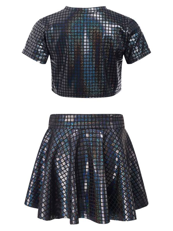 Kids Girls Metallic Plaid Crop Top and Pleated Skirt Cheerleading Dance Outfits thumb