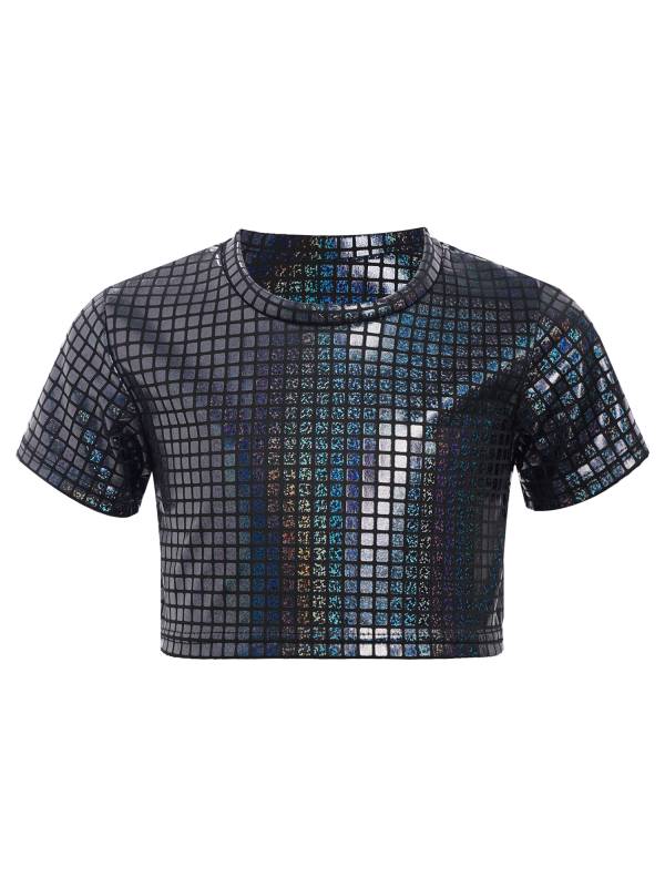 Kids Girls Metallic Plaid Crop Top and Pleated Skirt Cheerleading Dance Outfits thumb