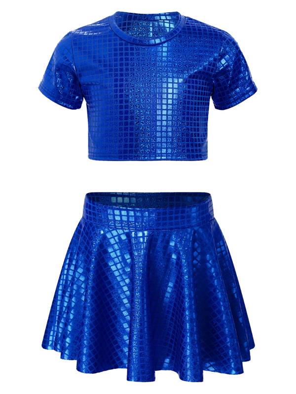 Kids Girls Metallic Plaid Crop Top and Pleated Skirt Cheerleading Dance Outfits thumb