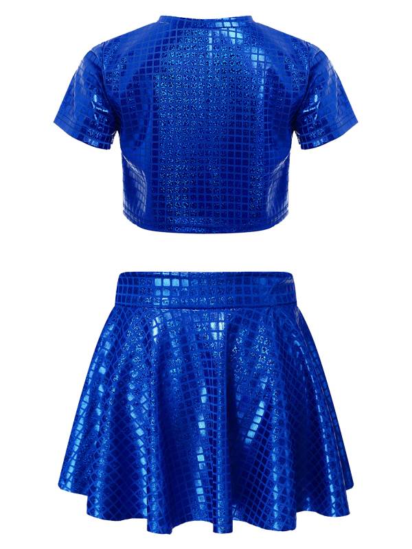 Kids Girls Metallic Plaid Crop Top and Pleated Skirt Cheerleading Dance Outfits thumb