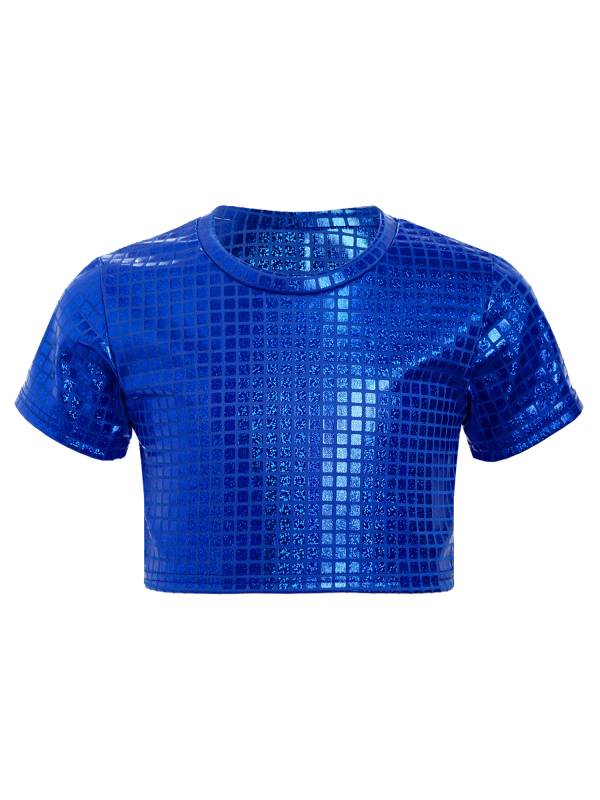 Kids Girls Metallic Plaid Crop Top and Pleated Skirt Cheerleading Dance Outfits thumb