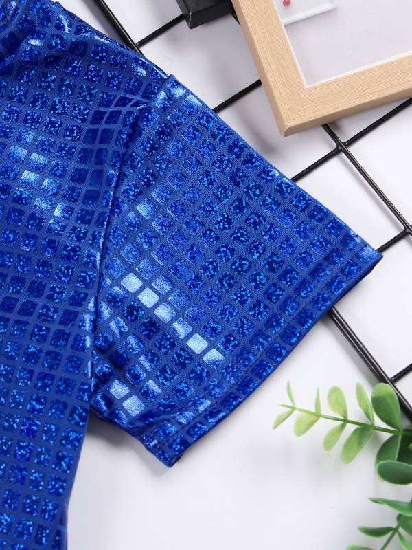 Kids Girls Metallic Plaid Crop Top and Pleated Skirt Cheerleading Dance Outfits thumb