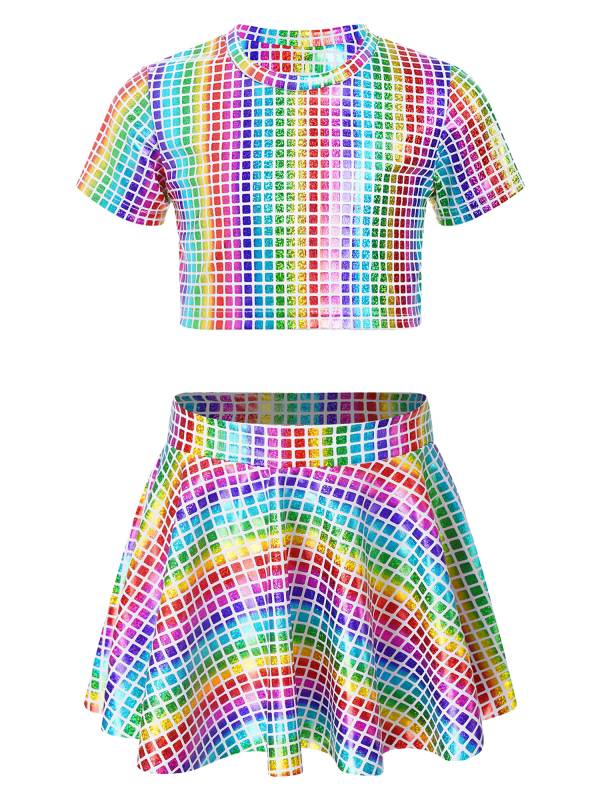 Kids Girls Metallic Plaid Crop Top and Pleated Skirt Cheerleading Dance Outfits thumb