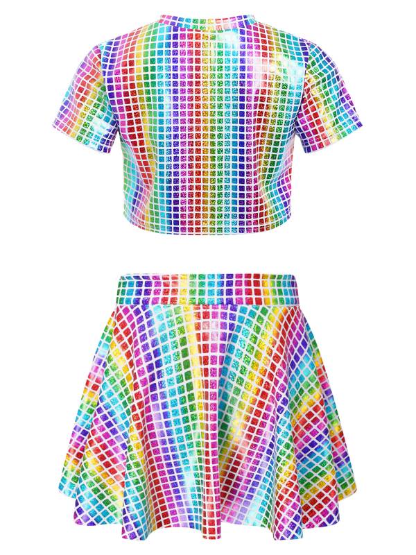 Kids Girls Metallic Plaid Crop Top and Pleated Skirt Cheerleading Dance Outfits thumb