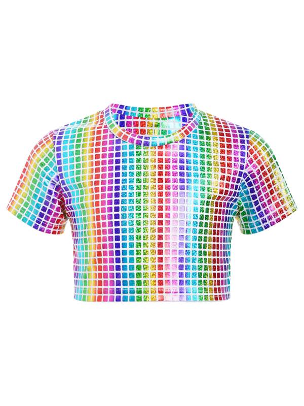 Kids Girls Metallic Plaid Crop Top and Pleated Skirt Cheerleading Dance Outfits thumb