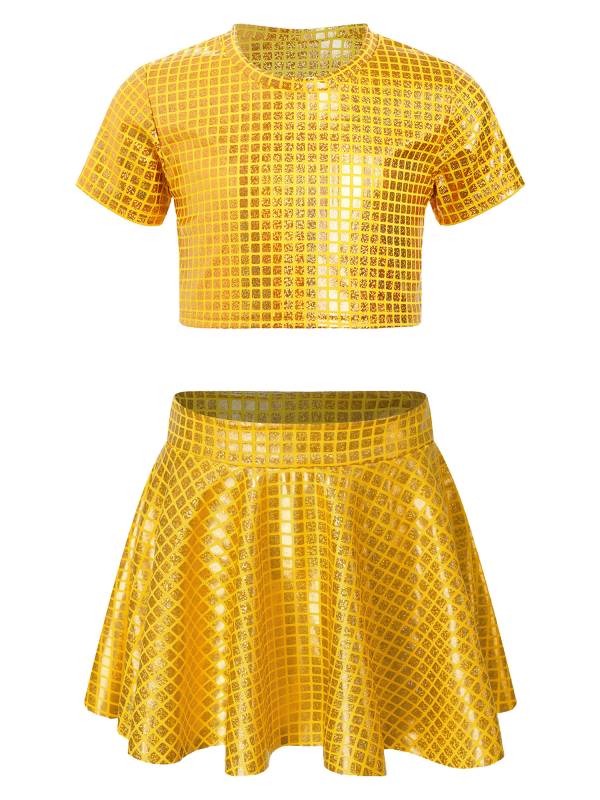 Kids Girls Metallic Plaid Crop Top and Pleated Skirt Cheerleading Dance Outfits thumb