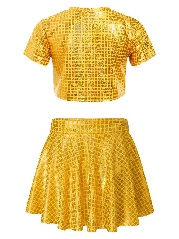 Kids Girls Metallic Plaid Crop Top and Pleated Skirt Cheerleading Dance Outfits thumb