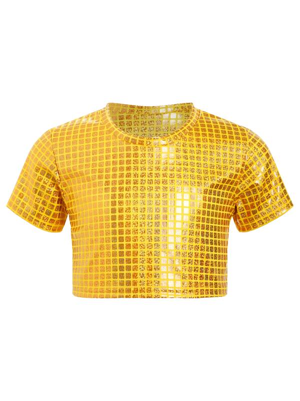 Kids Girls Metallic Plaid Crop Top and Pleated Skirt Cheerleading Dance Outfits thumb