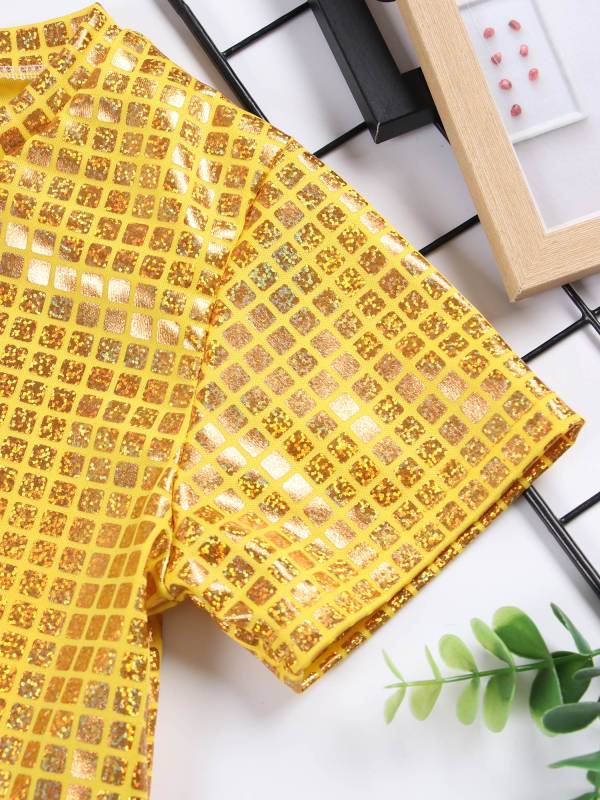 Kids Girls Metallic Plaid Crop Top and Pleated Skirt Cheerleading Dance Outfits thumb