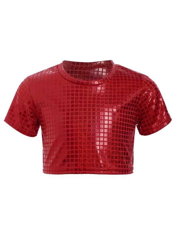 Kids Girls Metallic Plaid Crop Top and Pleated Skirt Cheerleading Dance Outfits thumb