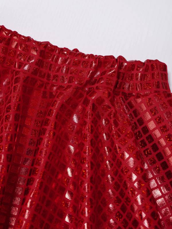 Kids Girls Metallic Plaid Crop Top and Pleated Skirt Cheerleading Dance Outfits thumb