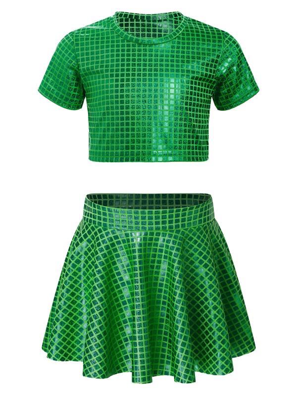 Kids Girls Metallic Plaid Crop Top and Pleated Skirt Cheerleading Dance Outfits thumb