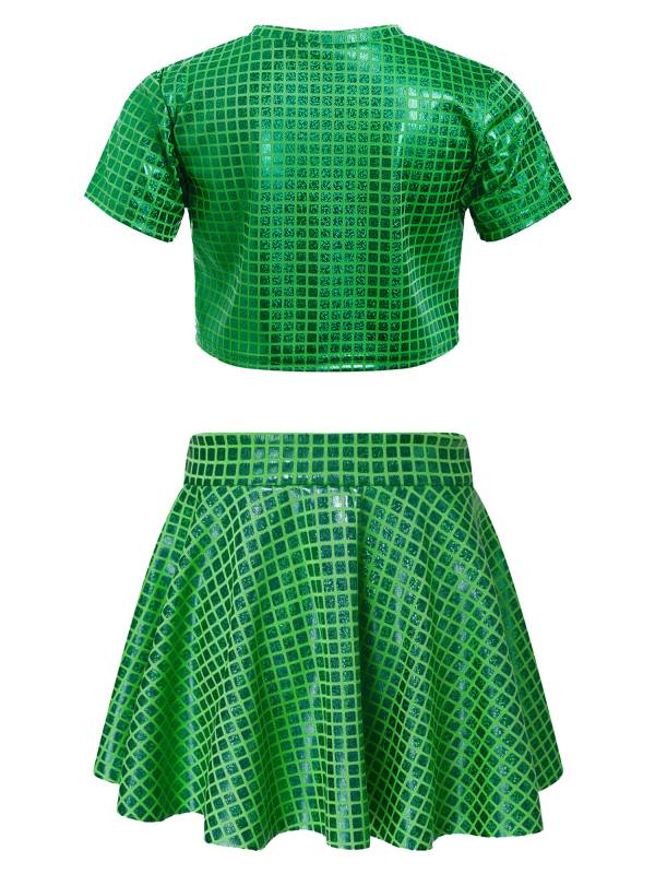 Kids Girls Metallic Plaid Crop Top and Pleated Skirt Cheerleading Dance Outfits thumb