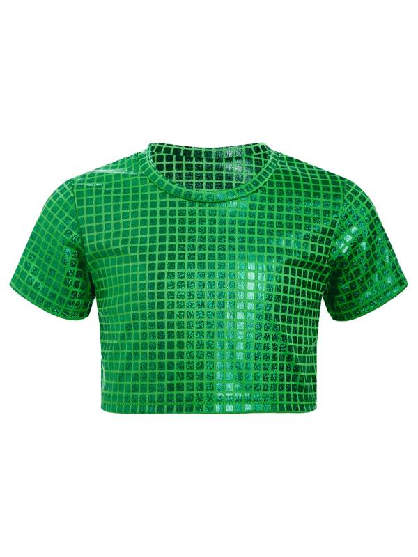 Kids Girls Metallic Plaid Crop Top and Pleated Skirt Cheerleading Dance Outfits thumb