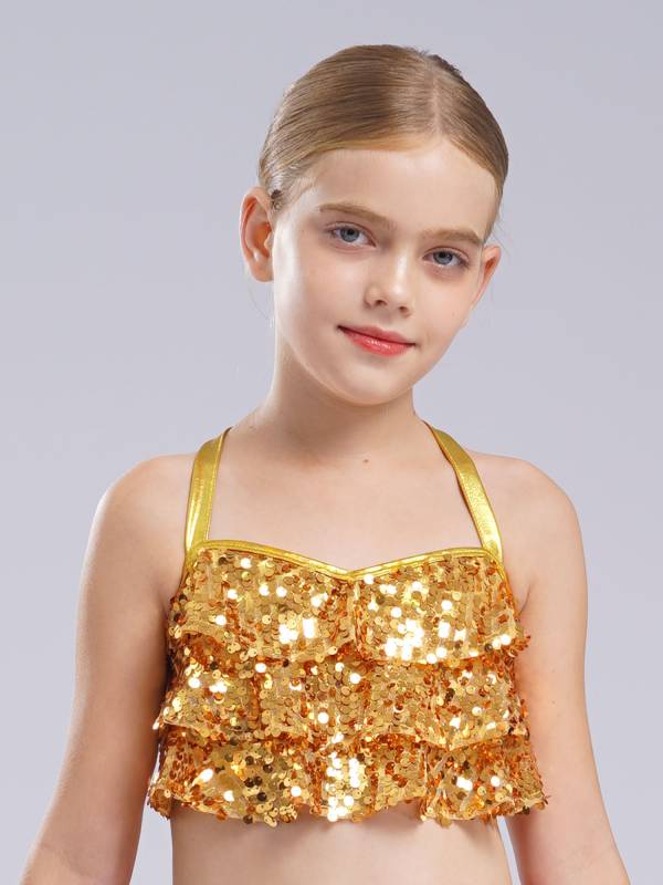 Kids Girls Jazz Dance Costume Sequins Ruffles Cross Back Crop Top with Culottes thumb