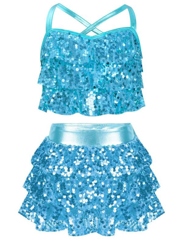 Kids Girls Jazz Dance Costume Sequins Ruffles Cross Back Crop Top with Culottes thumb
