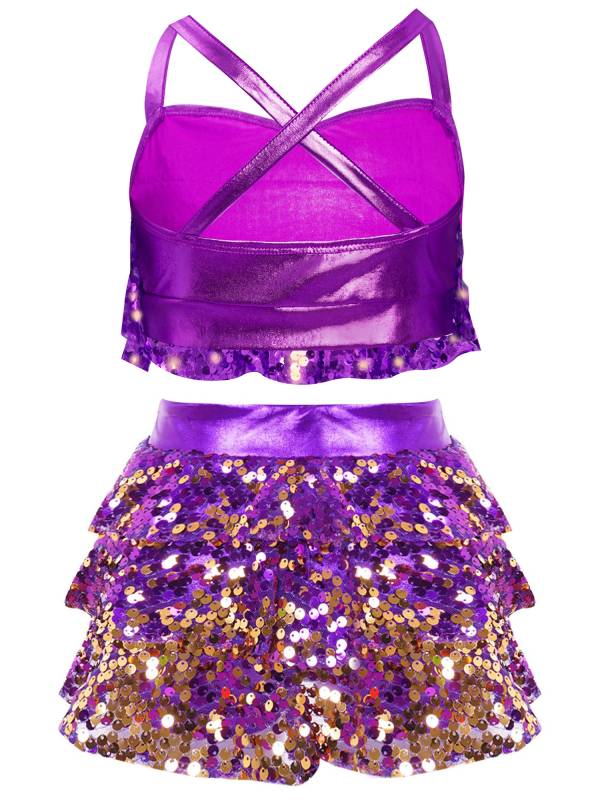 Kids Girls Jazz Dance Costume Sequins Ruffles Cross Back Crop Top with Culottes thumb