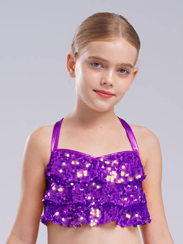 Kids Girls Jazz Dance Costume Sequins Ruffles Cross Back Crop Top with Culottes thumb
