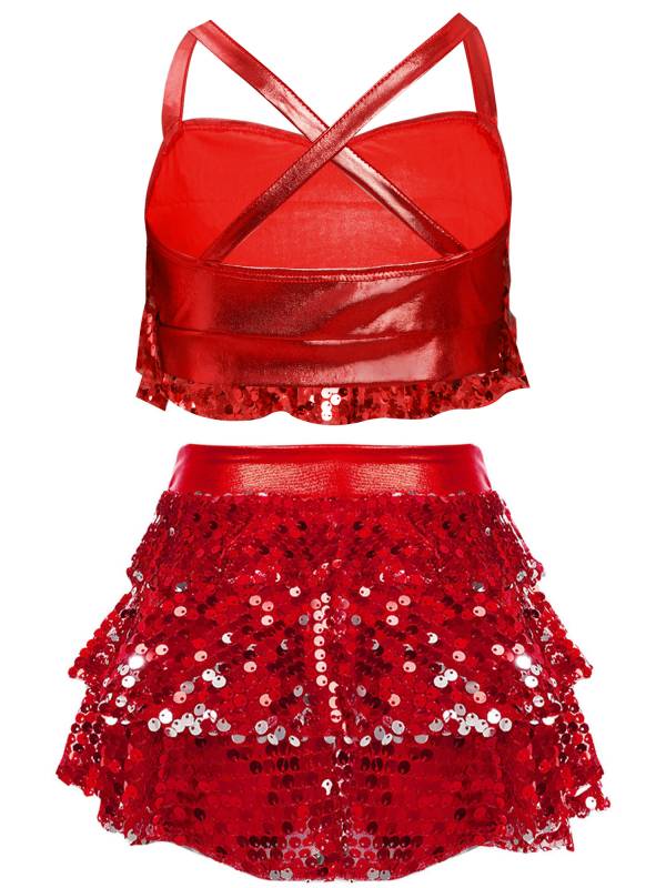 Kids Girls Jazz Dance Costume Sequins Ruffles Cross Back Crop Top with Culottes thumb