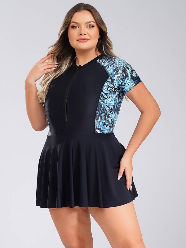 Women Plus Size One Piece Swimsuit Short Sleeve Swim Dress with Built-in Briefs thumb