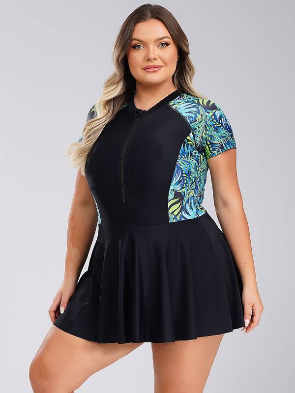 Women Plus Size One Piece Swimsuit Short Sleeve Swim Dress with Built-in Briefs thumb