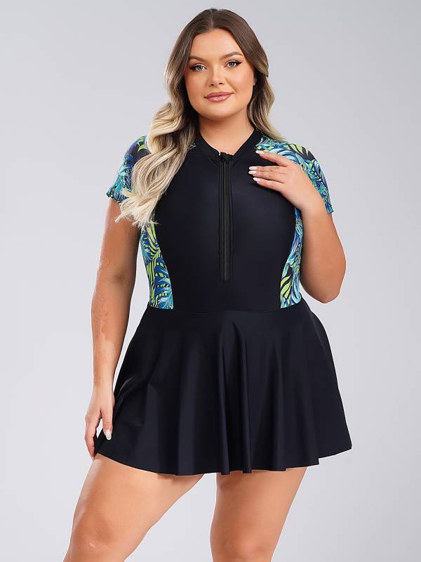 Women Plus Size One Piece Swimsuit Short Sleeve Swim Dress with Built-in Briefs thumb
