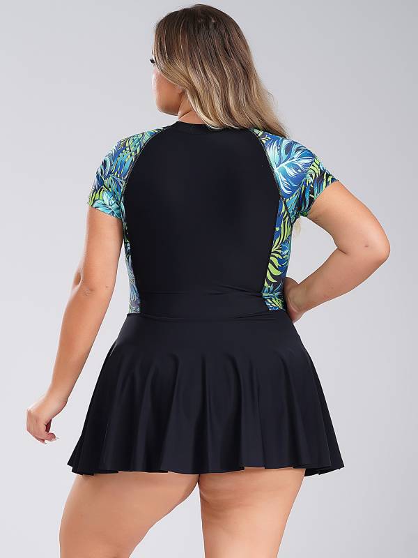 Women Plus Size One Piece Swimsuit Short Sleeve Swim Dress with Built-in Briefs thumb