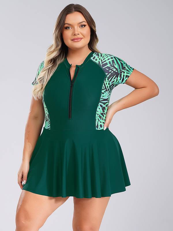 Women Plus Size One Piece Swimsuit Short Sleeve Swim Dress with Built-in Briefs thumb