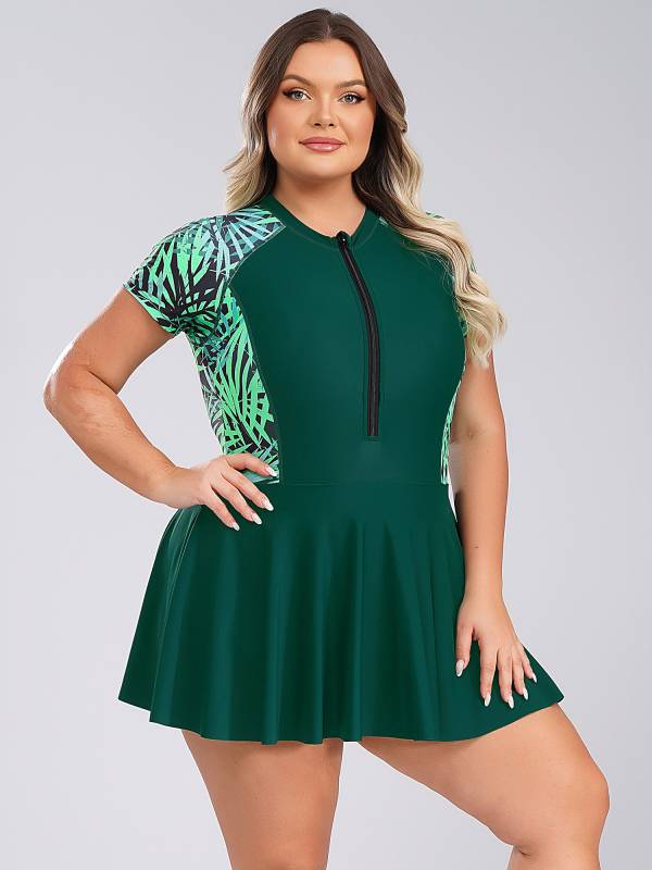 Women Plus Size One Piece Swimsuit Short Sleeve Swim Dress with Built-in Briefs thumb