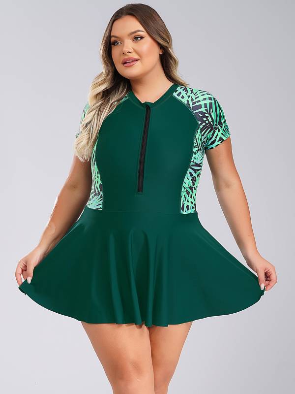 Women Plus Size One Piece Swimsuit Short Sleeve Swim Dress with Built-in Briefs thumb
