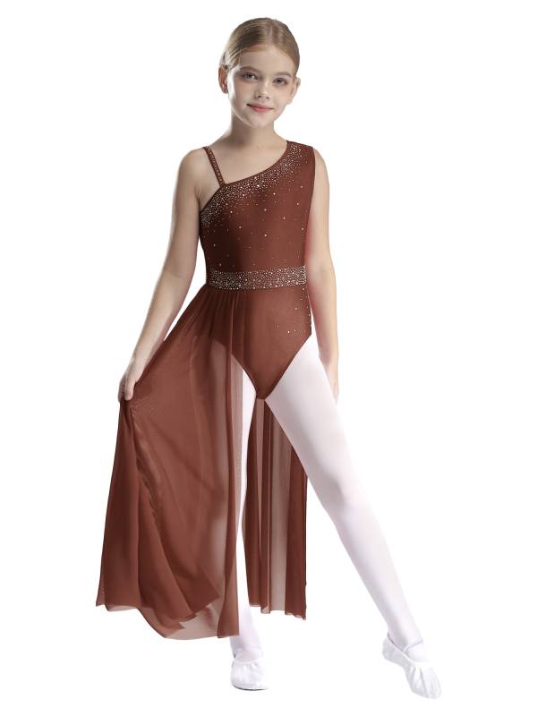 Kids Girls Shinny Rhinestones Sleeveless Lyrical Dance Leotard Dress thumb