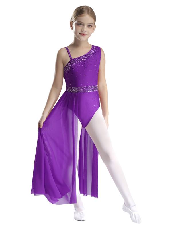 Kids Girls Shinny Rhinestones Sleeveless Lyrical Dance Leotard Dress thumb