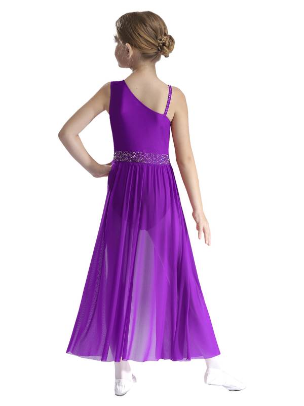Kids Girls Shinny Rhinestones Sleeveless Lyrical Dance Leotard Dress thumb