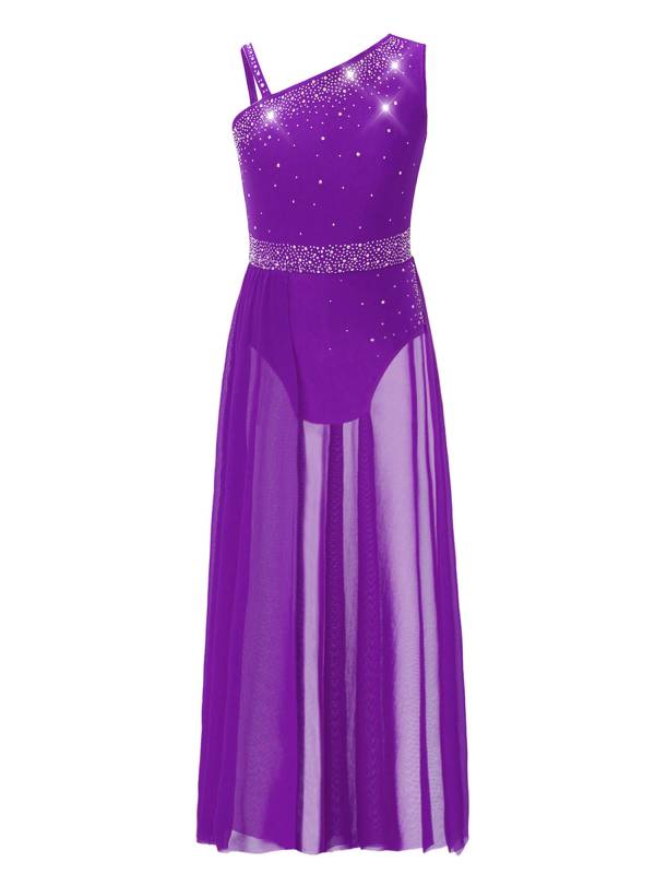 Kids Girls Shinny Rhinestones Sleeveless Lyrical Dance Leotard Dress thumb