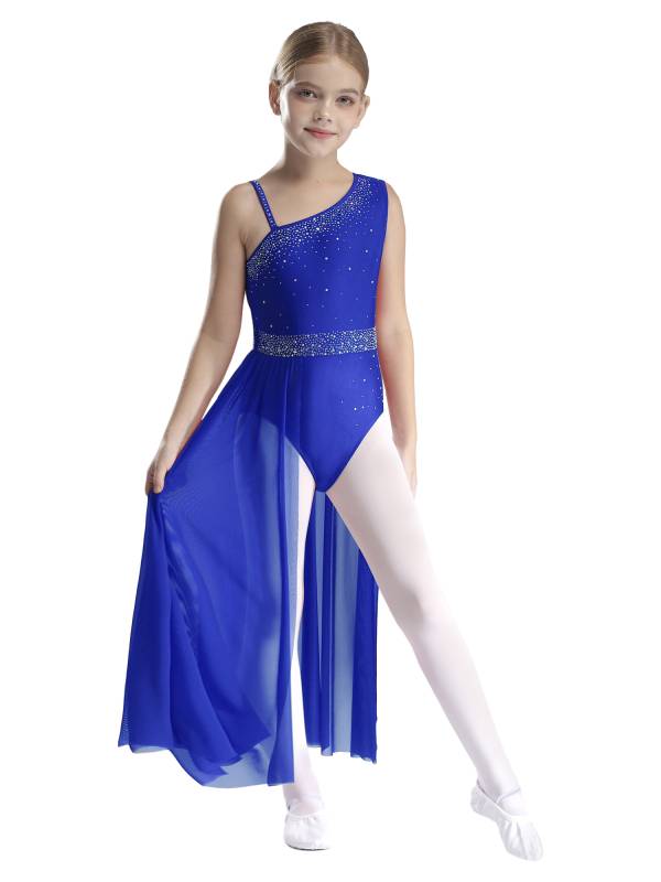 Kids Girls Shinny Rhinestones Sleeveless Lyrical Dance Leotard Dress thumb