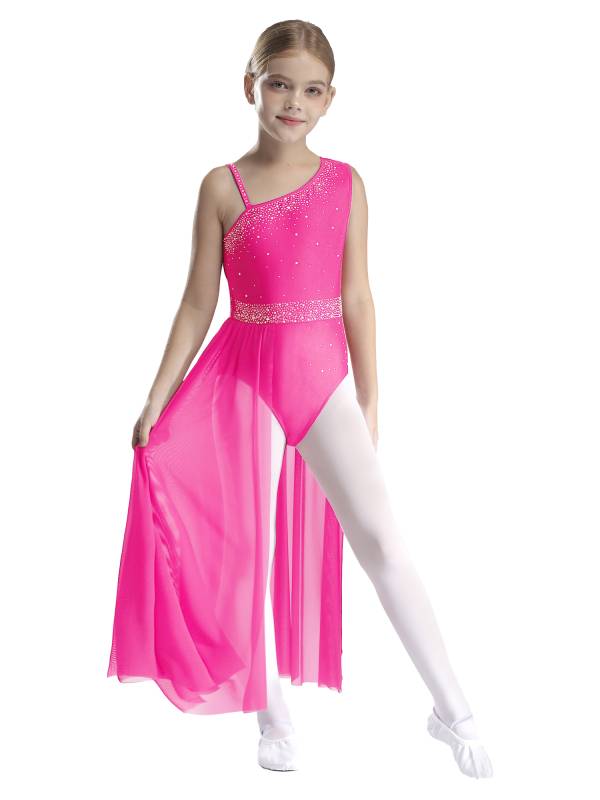 Kids Girls Shinny Rhinestones Sleeveless Lyrical Dance Leotard Dress thumb