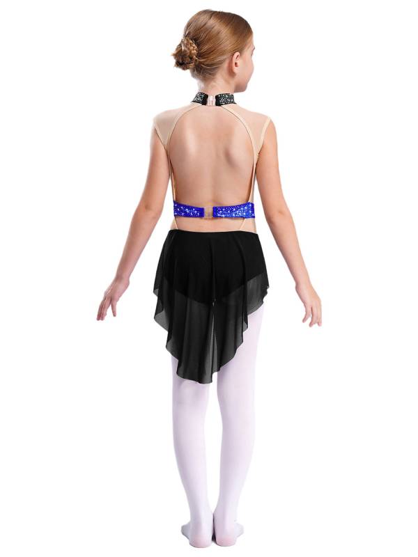 Kids Girls Mock Neck Sleeveless Rhinestones Skirted Leotard for Lyrical Dance thumb