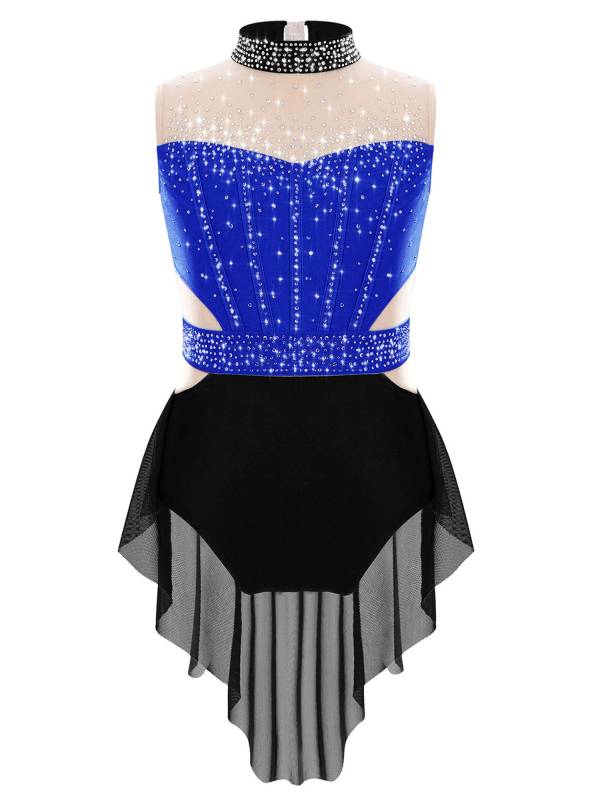Kids Girls Mock Neck Sleeveless Rhinestones Skirted Leotard for Lyrical Dance thumb