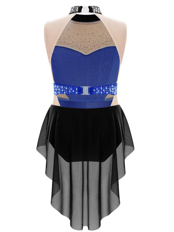 Kids Girls Mock Neck Sleeveless Rhinestones Skirted Leotard for Lyrical Dance thumb