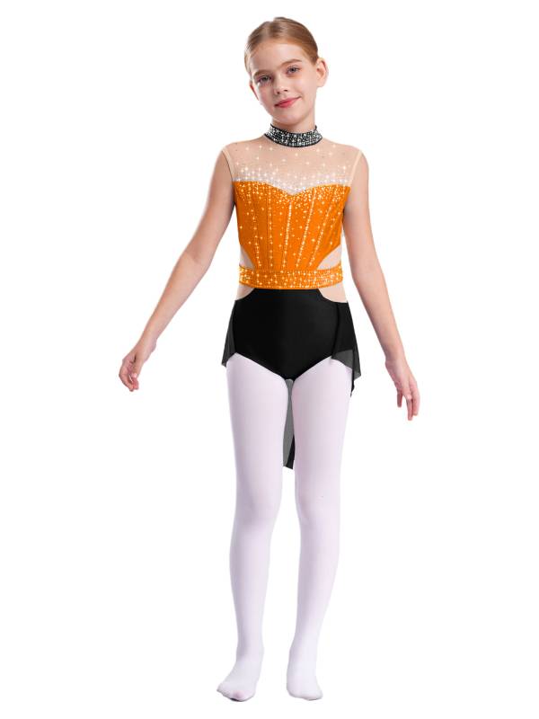 Kids Girls Mock Neck Sleeveless Rhinestones Skirted Leotard for Lyrical Dance thumb