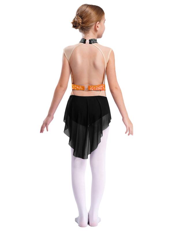 Kids Girls Mock Neck Sleeveless Rhinestones Skirted Leotard for Lyrical Dance thumb