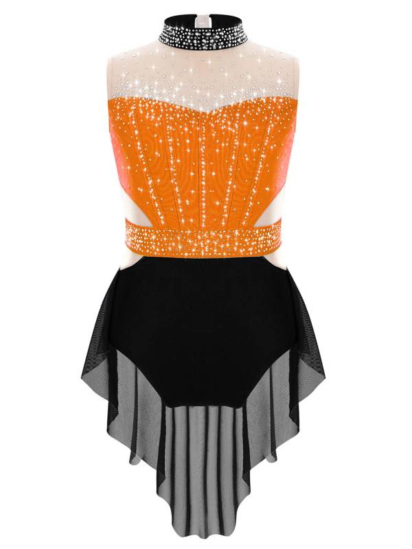 Kids Girls Mock Neck Sleeveless Rhinestones Skirted Leotard for Lyrical Dance thumb