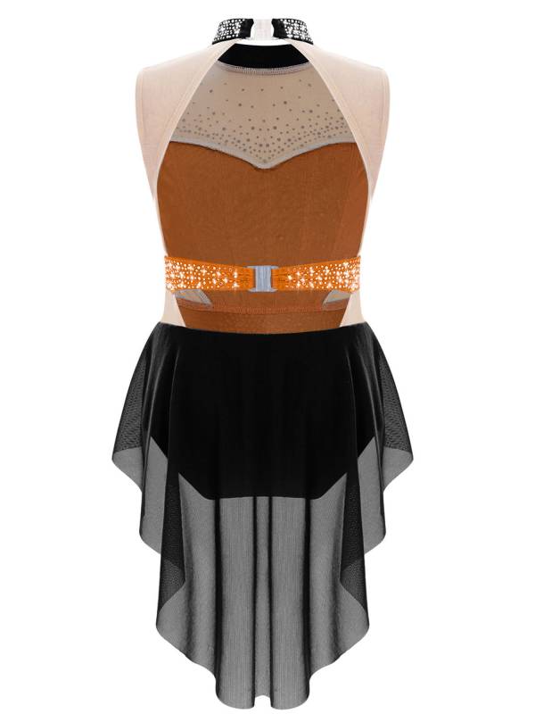 Kids Girls Mock Neck Sleeveless Rhinestones Skirted Leotard for Lyrical Dance thumb