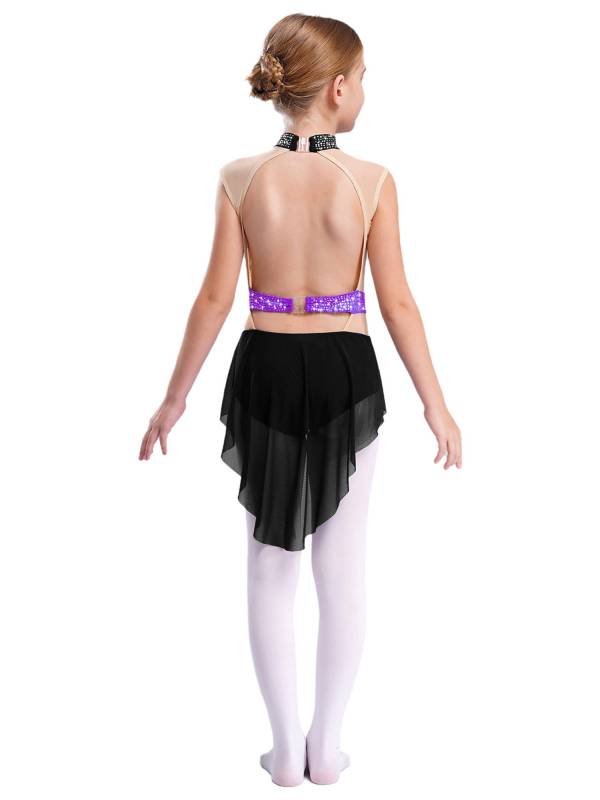 Kids Girls Mock Neck Sleeveless Rhinestones Skirted Leotard for Lyrical Dance thumb