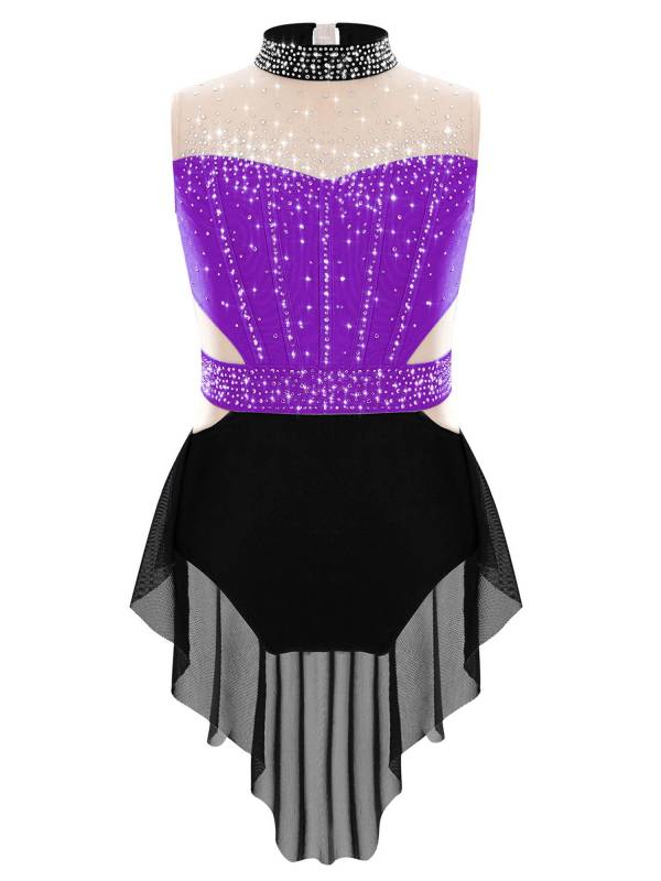 Kids Girls Mock Neck Sleeveless Rhinestones Skirted Leotard for Lyrical Dance thumb